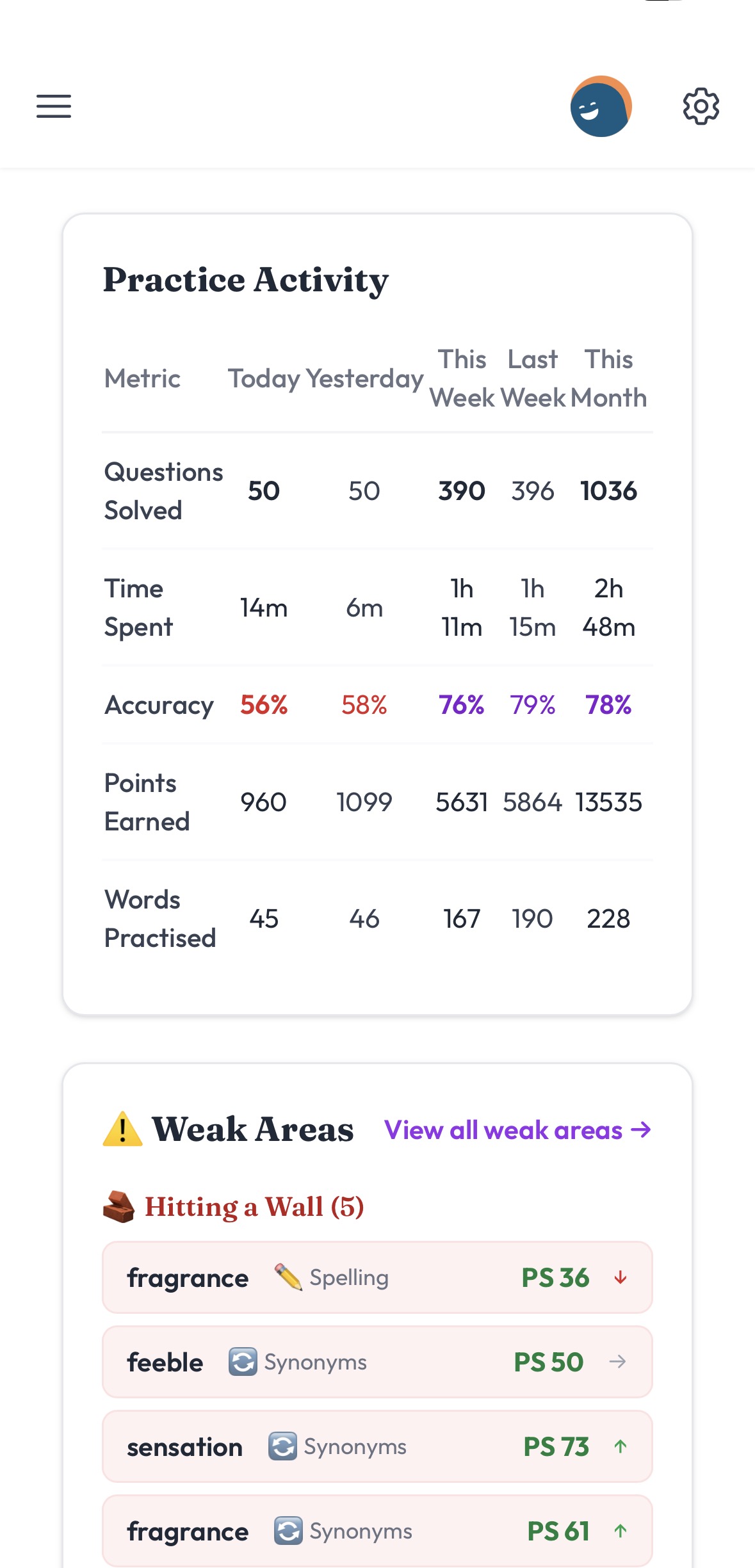 Parent vocab dashboard